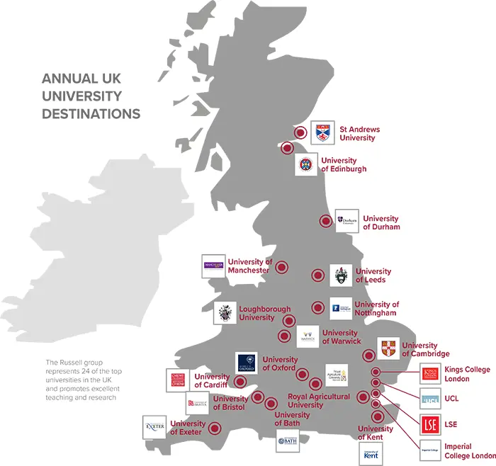 Kent College Canterbury university destinations map graphic